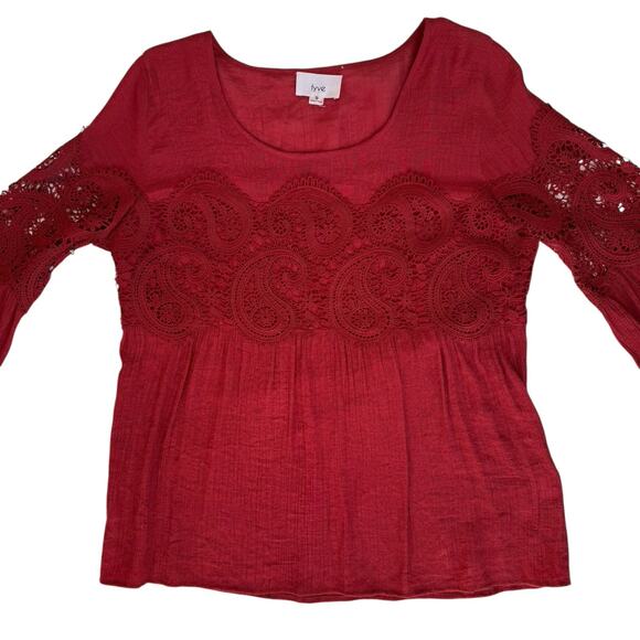Rust Red Emroidered Womens Boho Blouse Small Gauze Lace Bell Sleeve Fairy Grunge - Picture 9 of 16